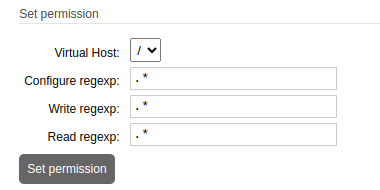 RabbitMQ web interface screen showing options to set user permissions for a virtual host. RabbitMQ web interface screen showing options to set user permissions for a virtual host.