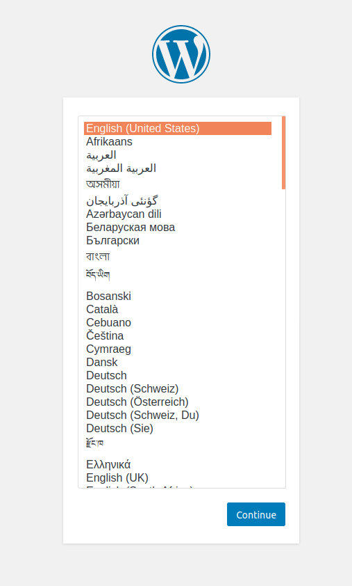 WordPress installation wizard: Select Language WordPress installation Wizard: Select Language