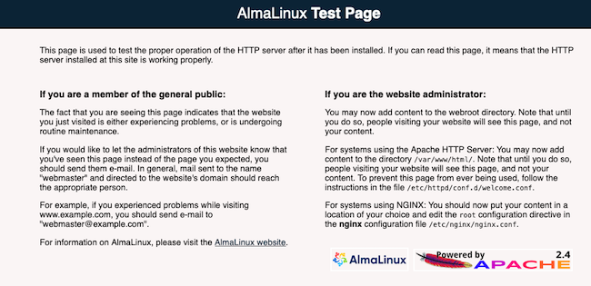 Apache on AlmaLinux landing page Apache on AlmaLinux landing page