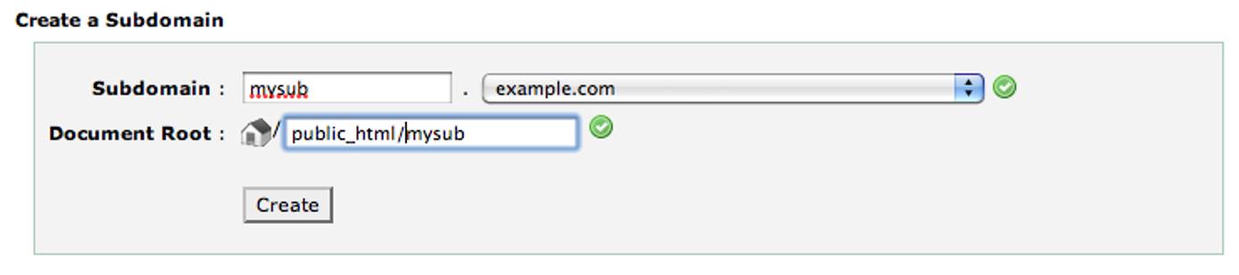 cPanel subdomain screen. cPanel subdomain screen.