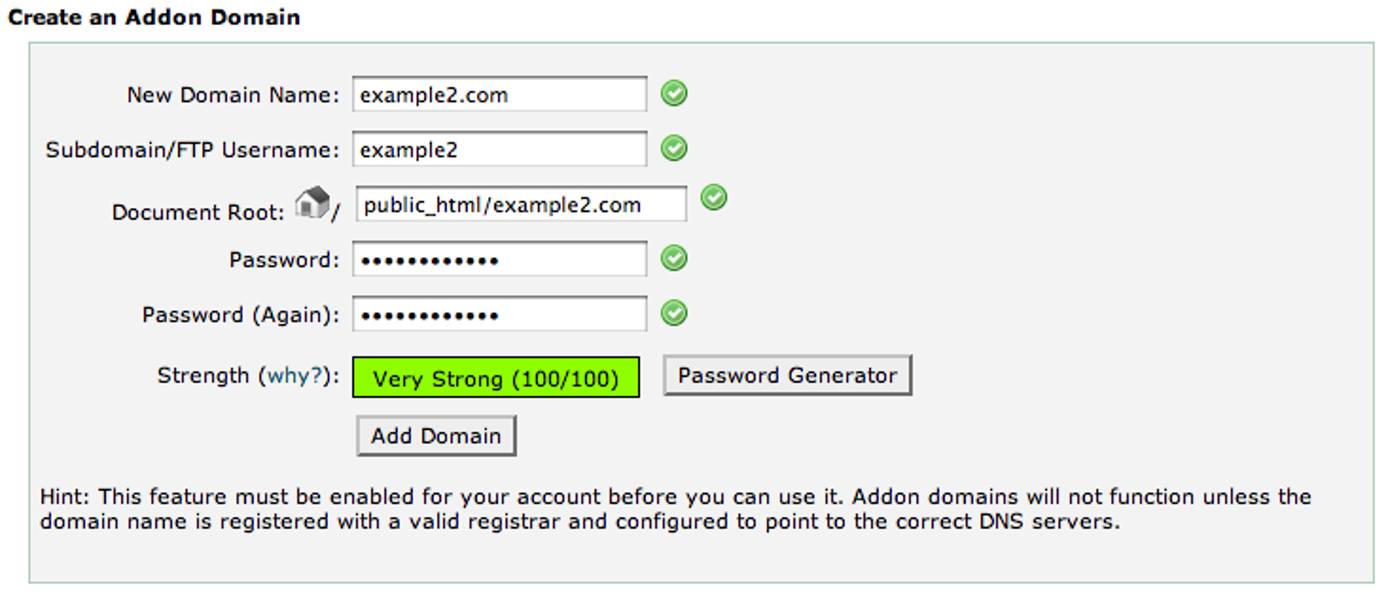 cPanel addon domain screen. cPanel addon domain screen.