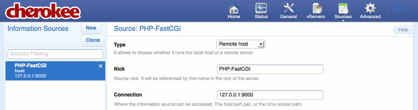 A newly created information source on the Sources page of the Cherokee admin panel on Fedora 13. A newly created information source on the Sources page of the Cherokee admin panel on Fedora 13.