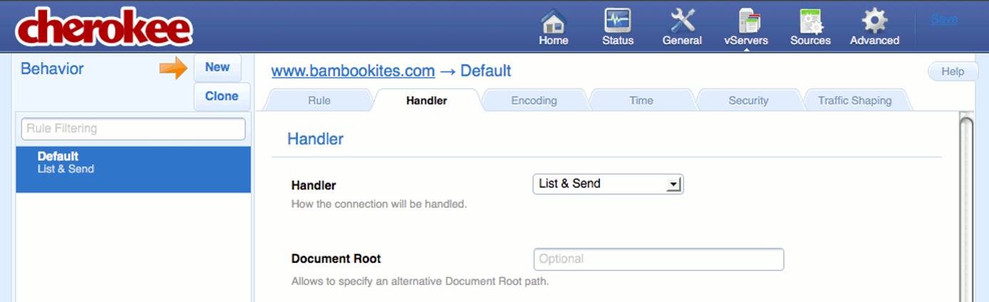 The Handler tab on the vServers page of the Cherokee admin panel on Fedora 13. The Handler tab on the vServers page of the Cherokee admin panel on Fedora 13.