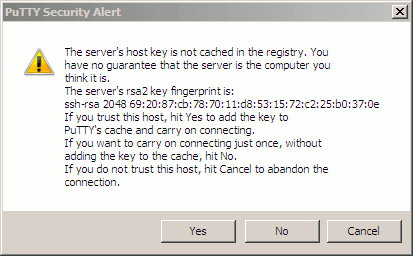An SSH key alert in PuTTY. An SSH key alert in PuTTY.