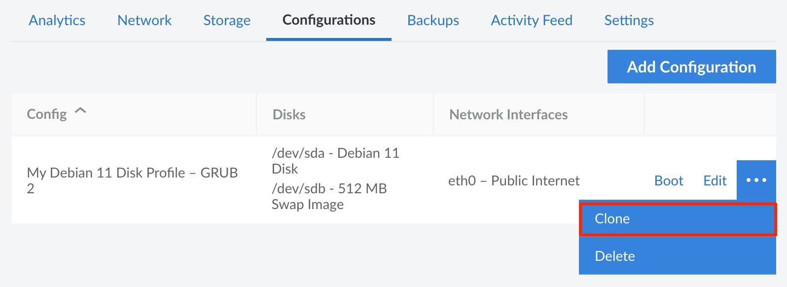 Screenshot of the Configurations tab Screenshot of the Configurations tab