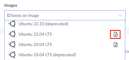 Screenshot showing icon that indicates user data and cloud-init support for a distribution Screenshot showing icon that indicates user data and cloud-init support for a distribution