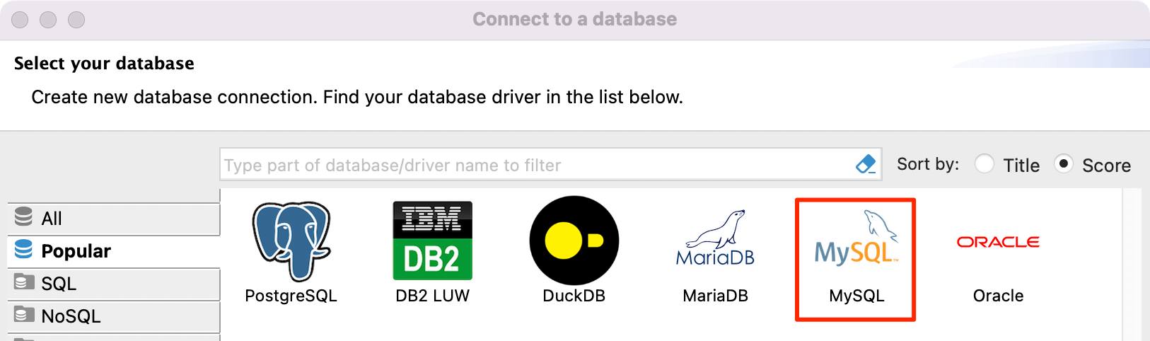 Screenshot of the DBeaver database selection screen with MySQL highlighted Screenshot of the DBeaver database selection screen with MySQL highlighted