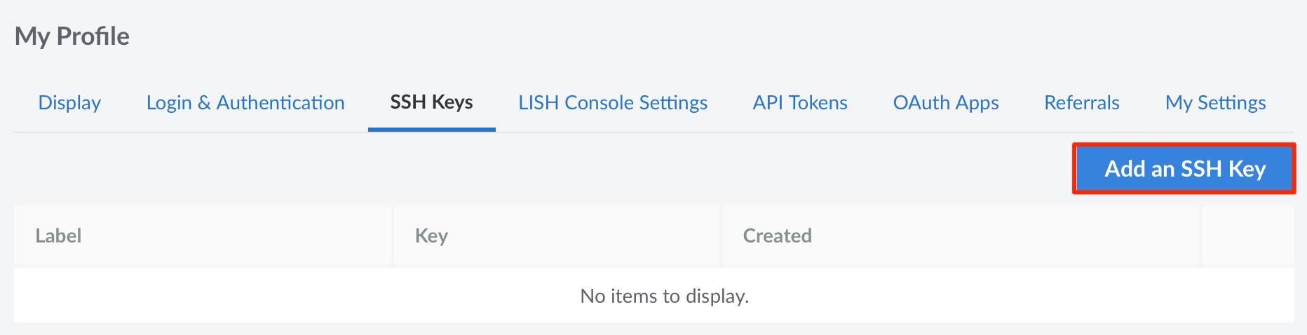 The SSH Keys tab with the Add an SSH Key button highlighted. The SSH Keys tab with the Add an SSH Key button highlighted.